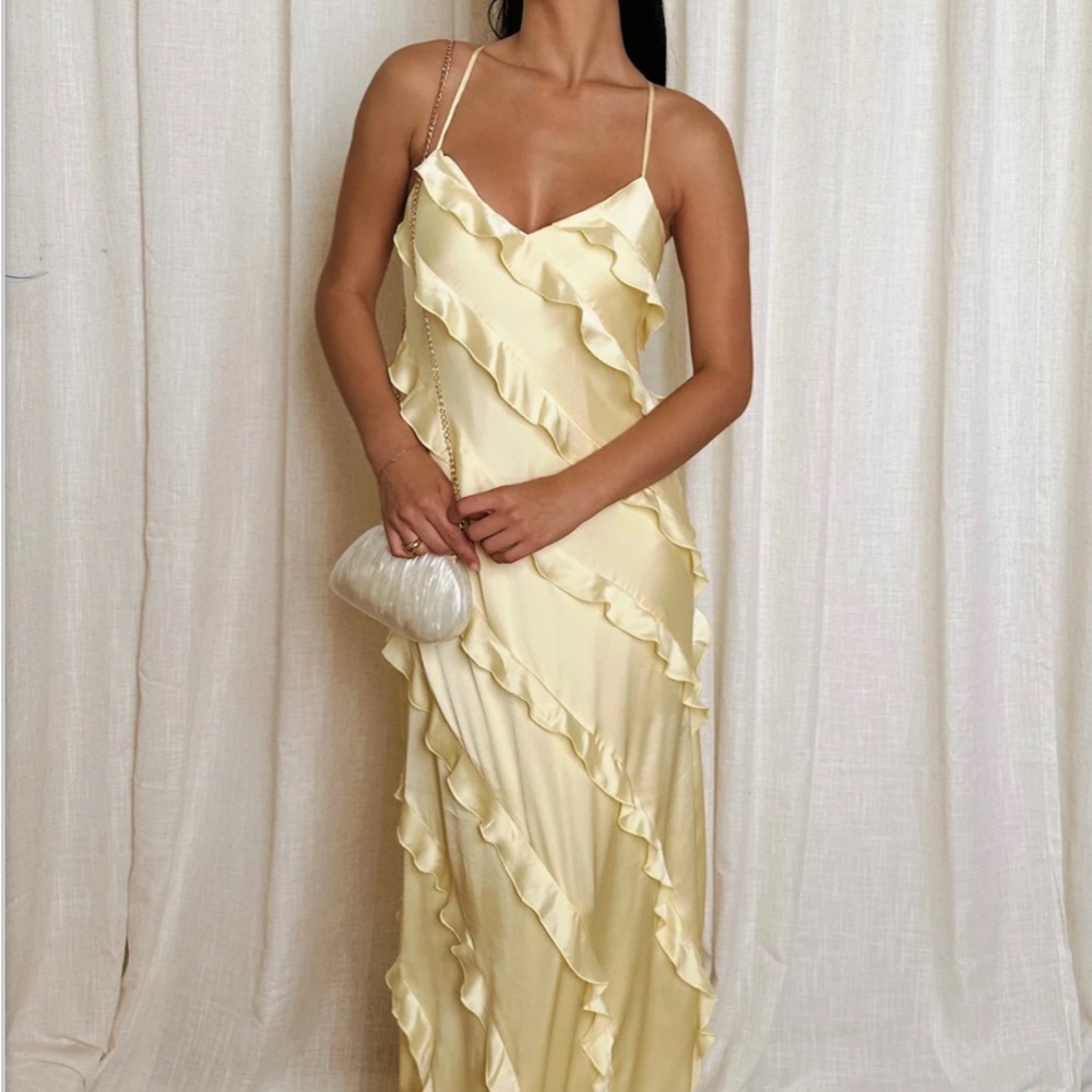 Show Me Your Mumu Romance Ruffle Dress in 
Pale Yellow Luxe Satin